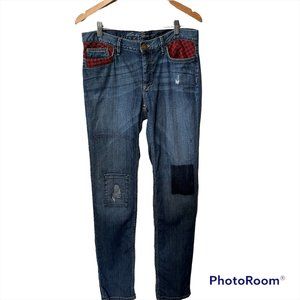 Eddie Bauer Women's Red Black Flannel Pocket Patch Stretch Straight Leg Jeans 6